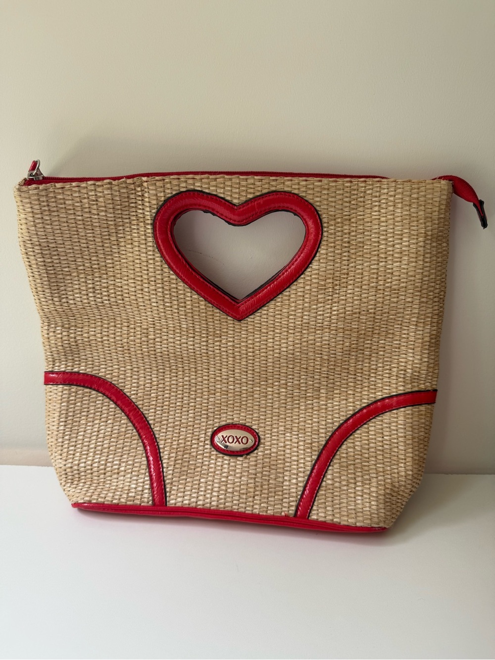 XOXO Natural Woven Tote with Red Trim and Heart Handle